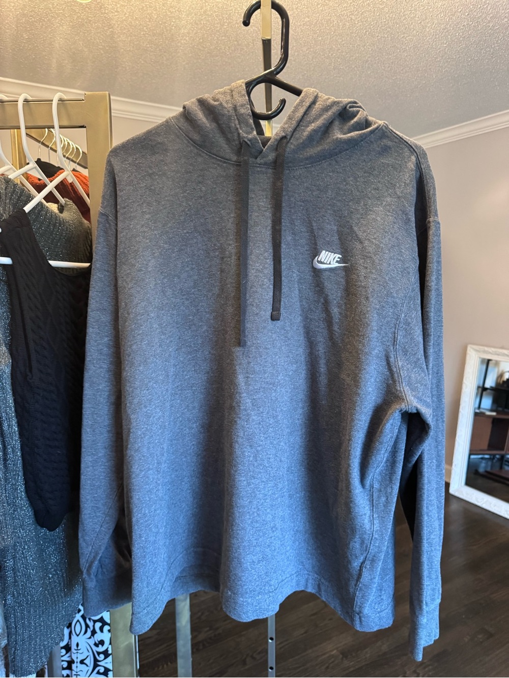 Nike Men’s Charcoal Gray Pullover Hoodie with White Logo